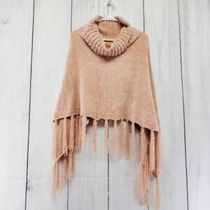 Britt's Knits Beyond Soft Chenille Cowl Neck Fringe Asymetrical Poncho Blush